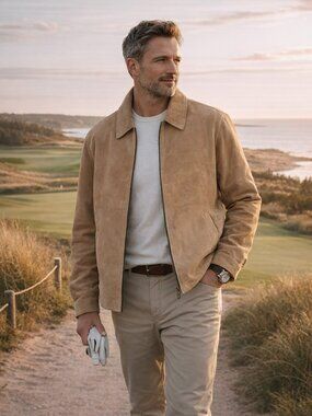 PGA TOUR Suede Leather Jacket Tan Zip Front Classic Golf Luxury Sz L